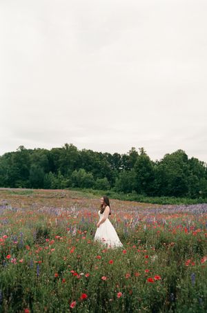 A person in a white wedding dress stands among a vibrant meadow filled with red poppies and purple wildflowers.