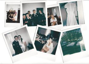 Collection of vintage polaroid photographs showing wedding moments including a bridal dress and outdoor garden setting.