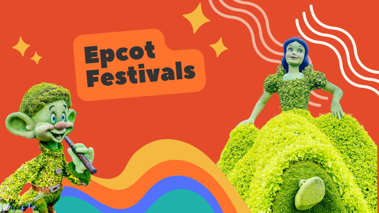 Epcot Festivals promotional graphic featuring topiary figures against an orange background.
