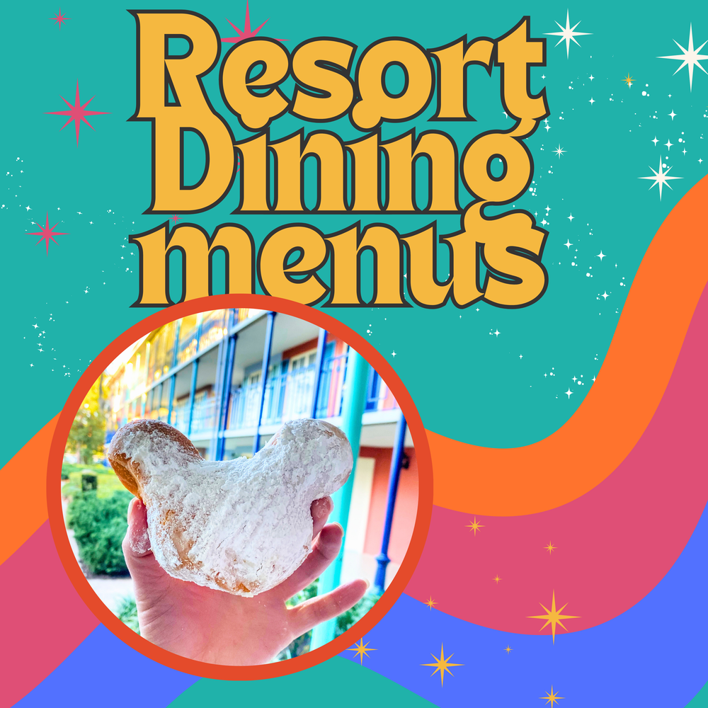 Resort dining menu cover with decorative swirls and a glowing white drink in circular frame.