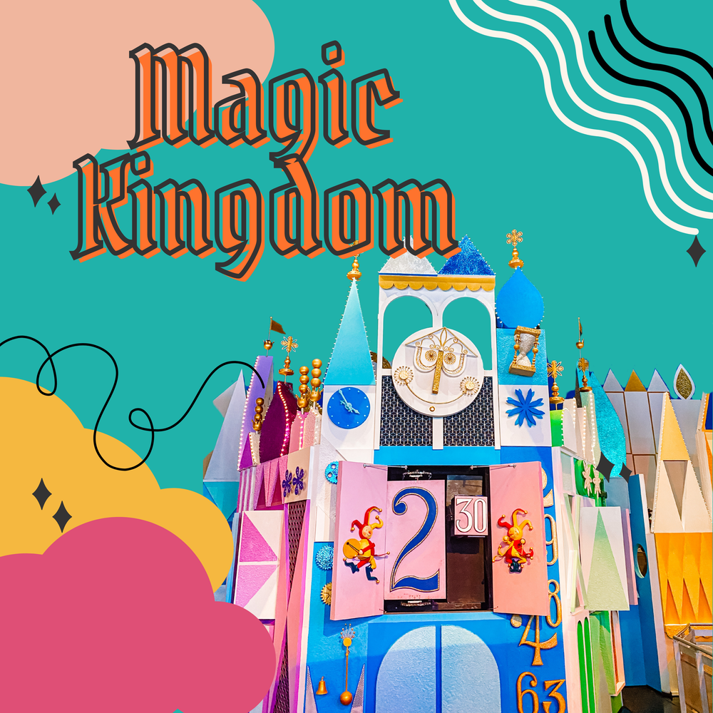 Colorful abstract Disney-themed banner design with retro-style castle silhouettes and decorative elements.