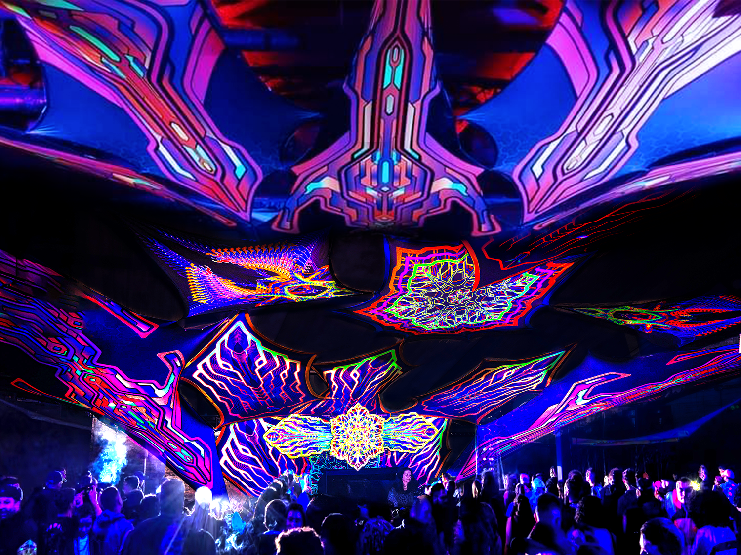 Abstract geometric stage design with vibrant blue and purple lighting at a psy rave. Bomblastic psytrance, dark psy, hitech festival