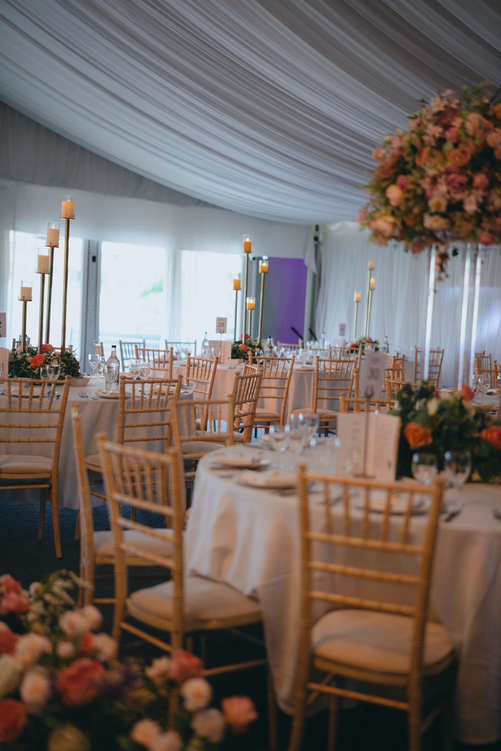 Wedding reception tables with gold chiavari chairs and coral flower arrangements under white draped ceiling.