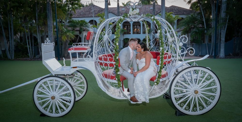A decorative white Cinderella-style horse-drawn carriage displayed on a lawn at dusk during a wedding event.