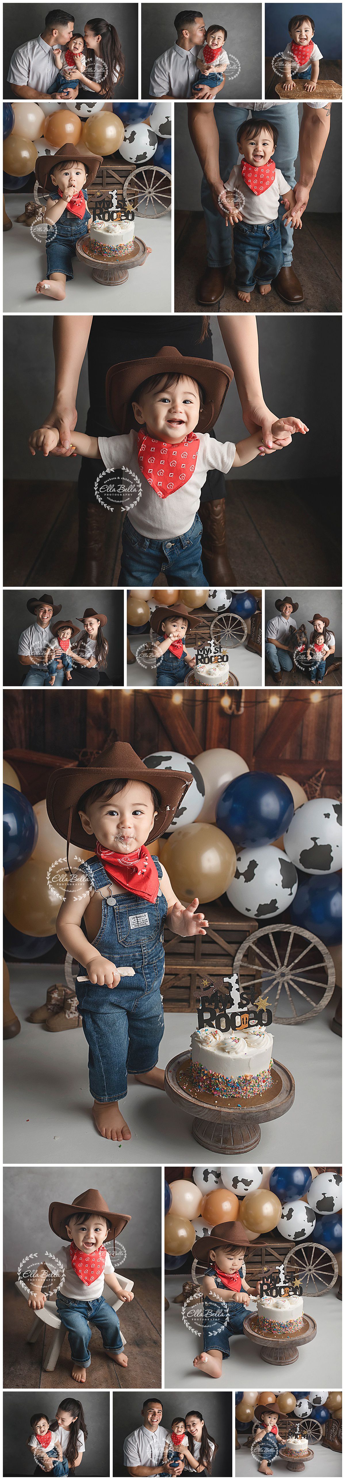 A western-themed first birthday cake smash photoshoot with overalls, red bandana, cowboy hat, and rustic decorations.