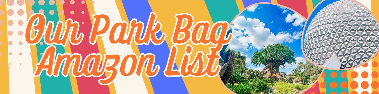 Disney theme park headers with cartoon illustrations and text banners.