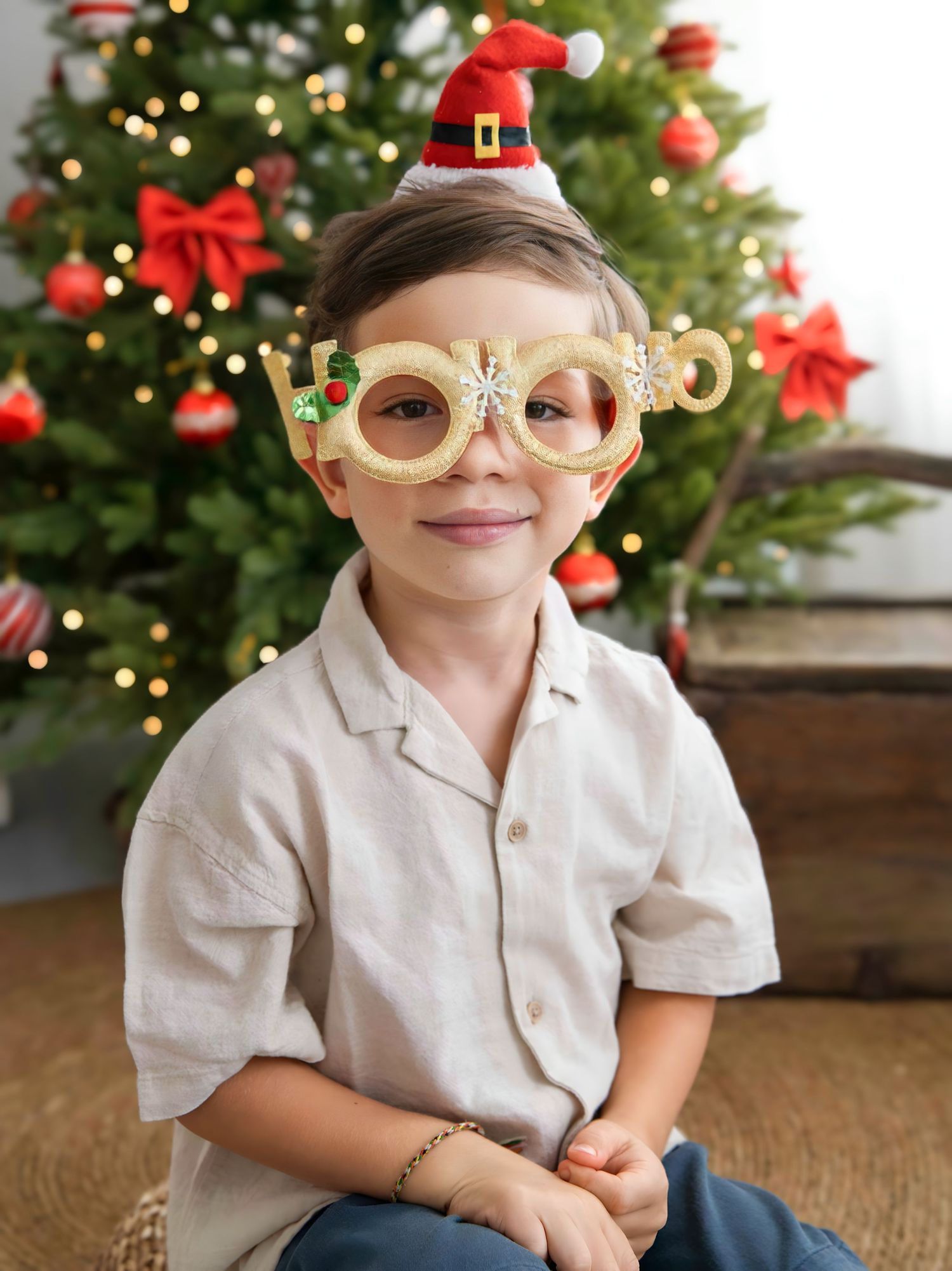 Child wearing festive gold glasses poses playfully in front of decorated Christmas tree with red bows and lights.
