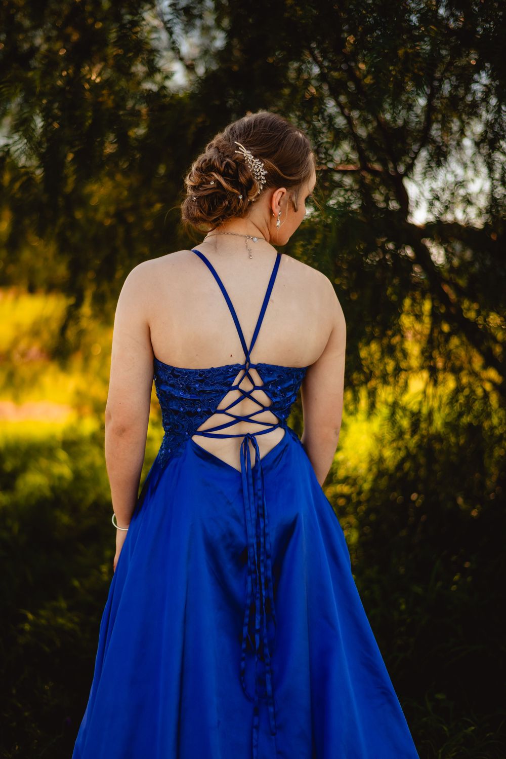Back view of a royal blue formal dress with intricate lace-up detail against a sunset backdrop.