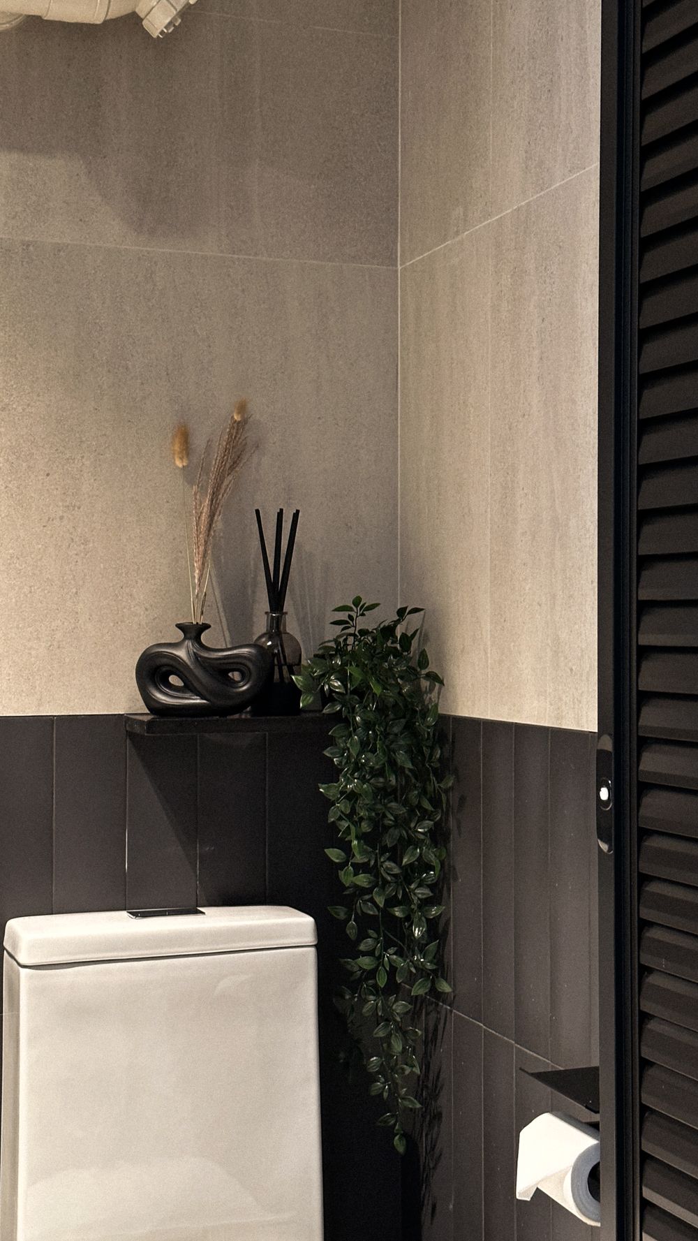 Modern bathroom corner with black and white tiles, toilet, and hanging greenery decor.