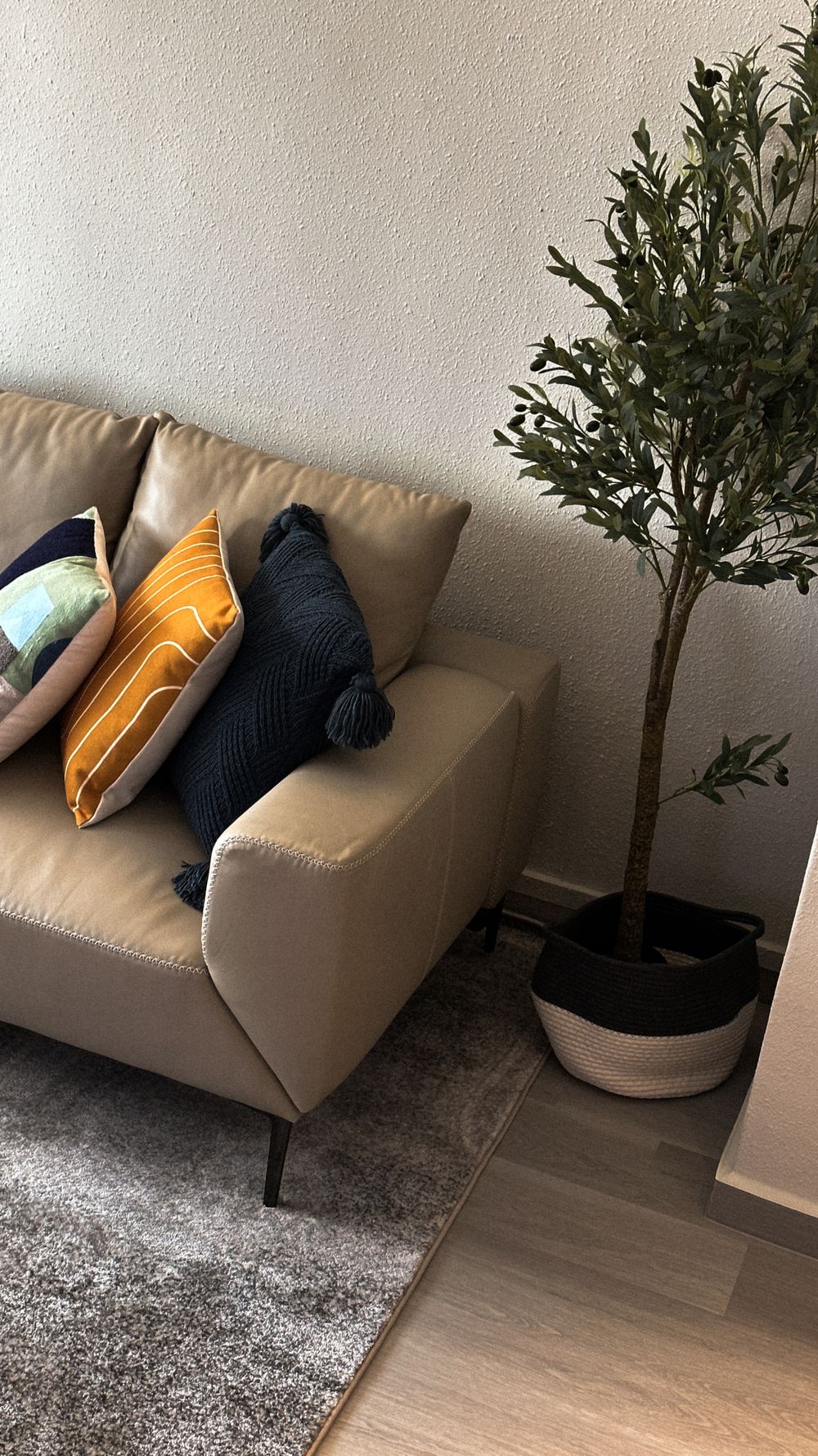 Cozy living room corner with beige sofa, decorative pillows and potted tree plant.