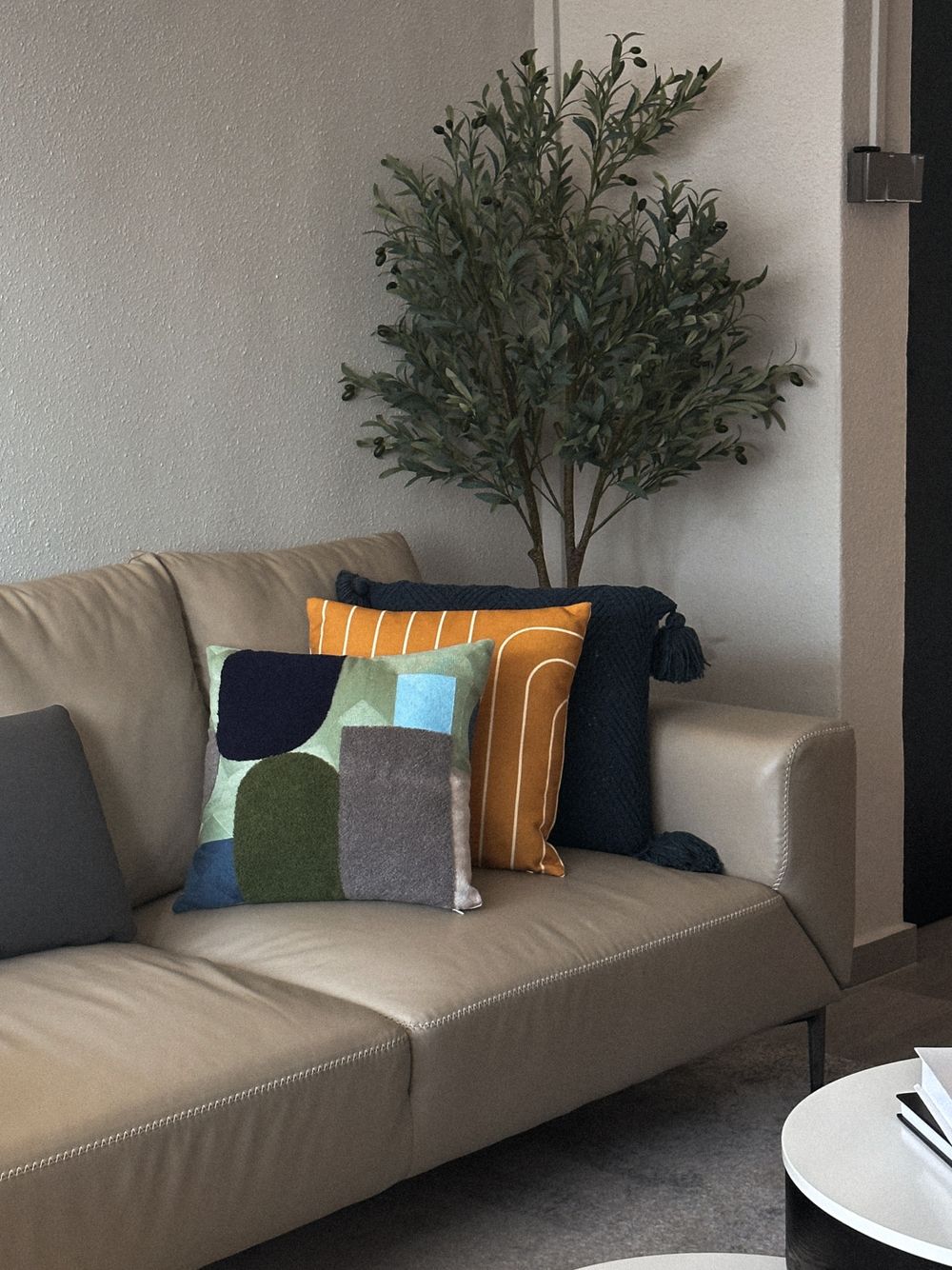 Modern sofa with colorful geometric pattern pillows and decorative indoor plant.