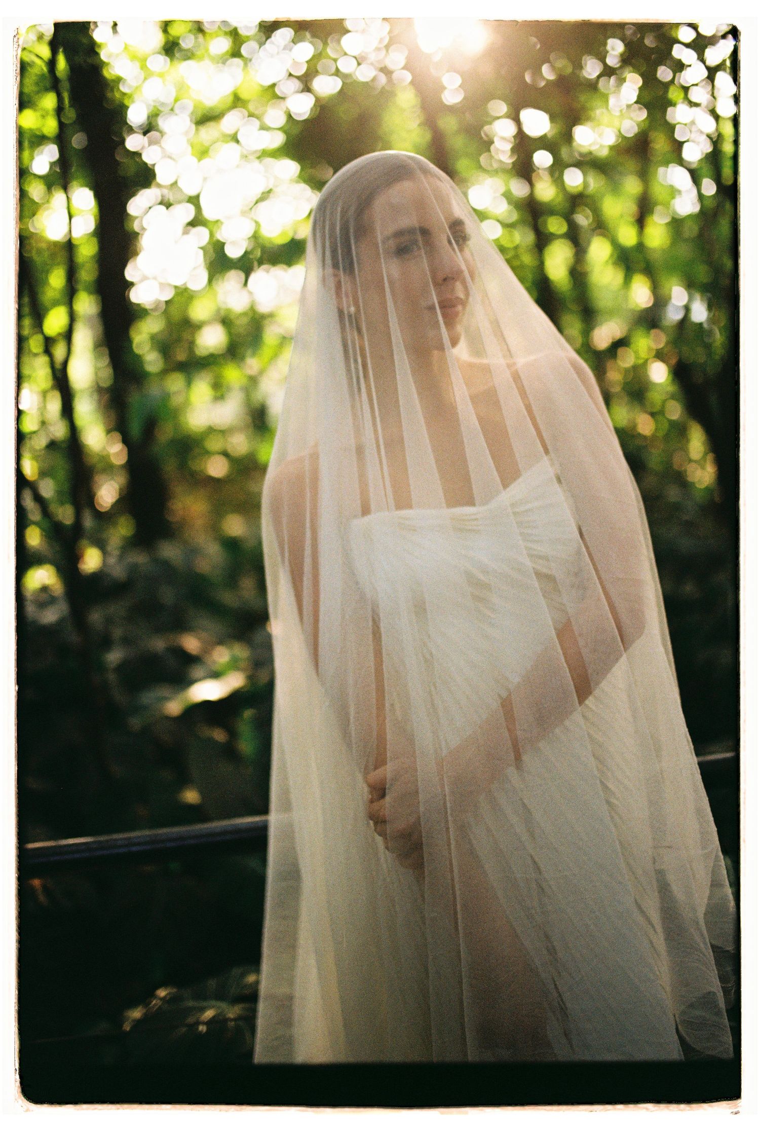 A romantic bridal portrait in a forest with sunlight filtering through trees and a flowing veil creating an ethereal effect.