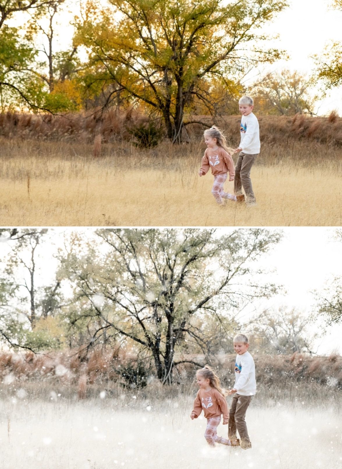 Two photos of a boy and girl where one photo has snow added to it by Kearney, Nebraska photographer