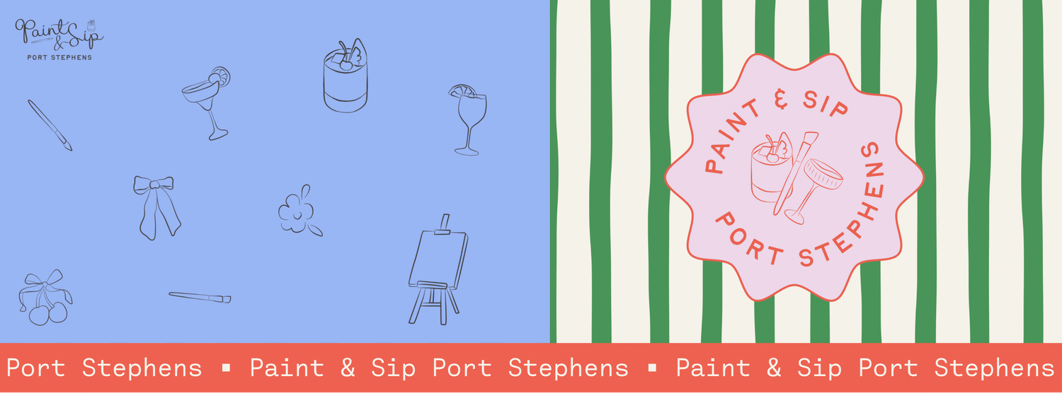 Blue and green striped banner design with small illustrated icons.