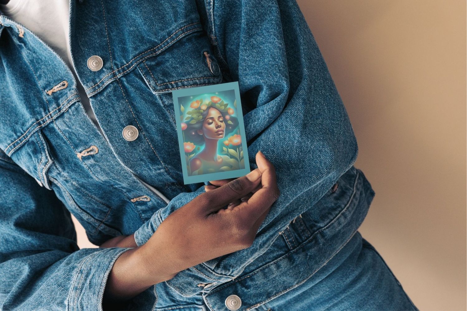 Someone wearing a blue denim jacket holds a colorful tarot or oracle card against a neutral background.