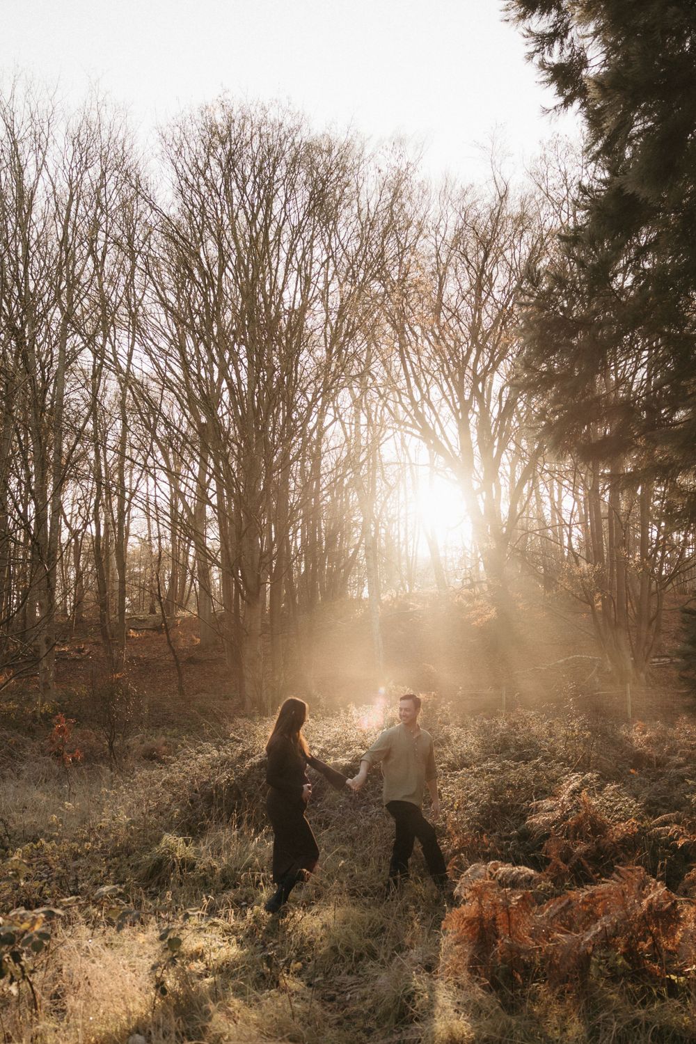 Silhouettes of people walking through misty autumn woods at sunset with golden light filtering through bare trees.