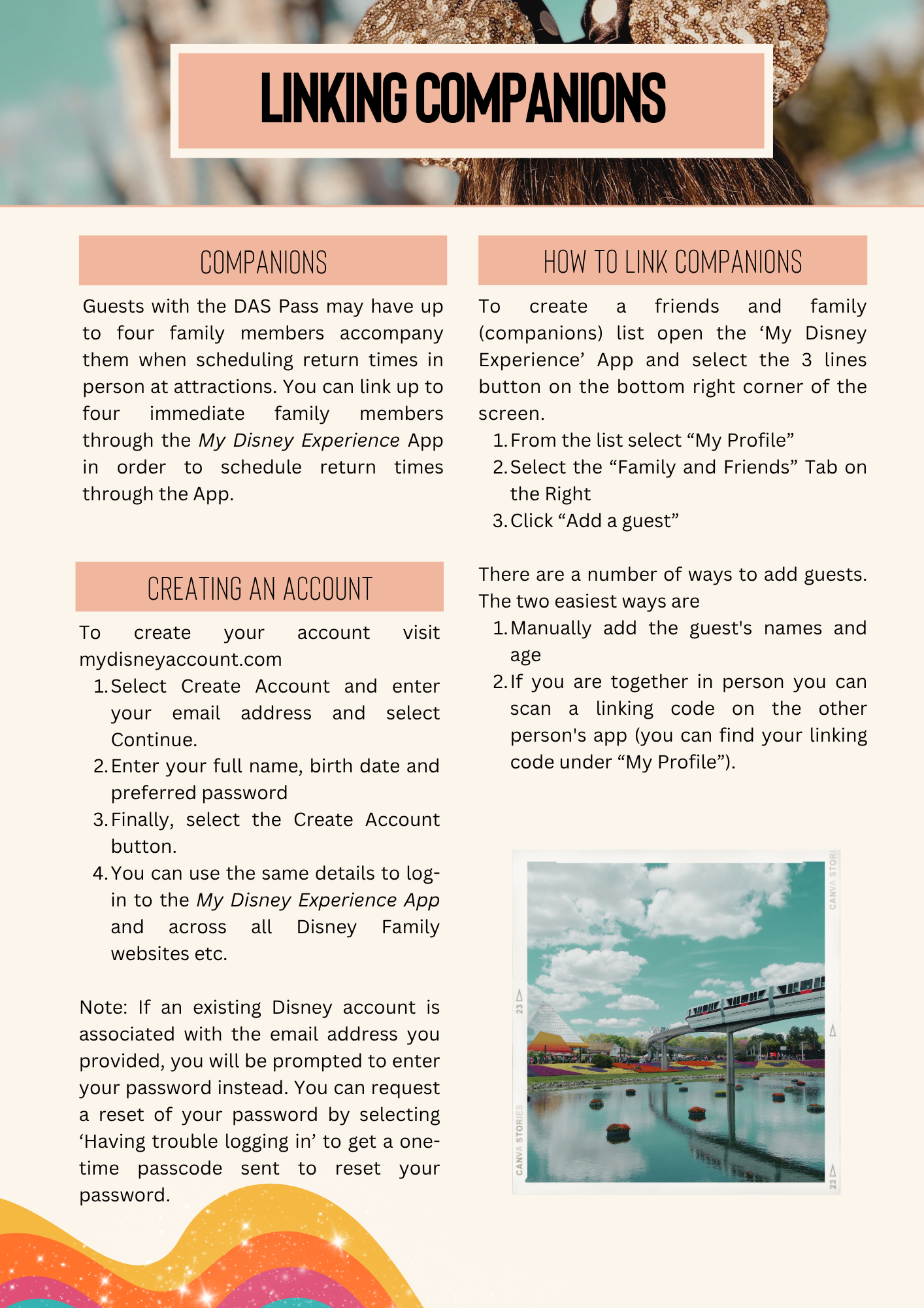 A guide page showing how to link companion accounts for Disney's disability access services.