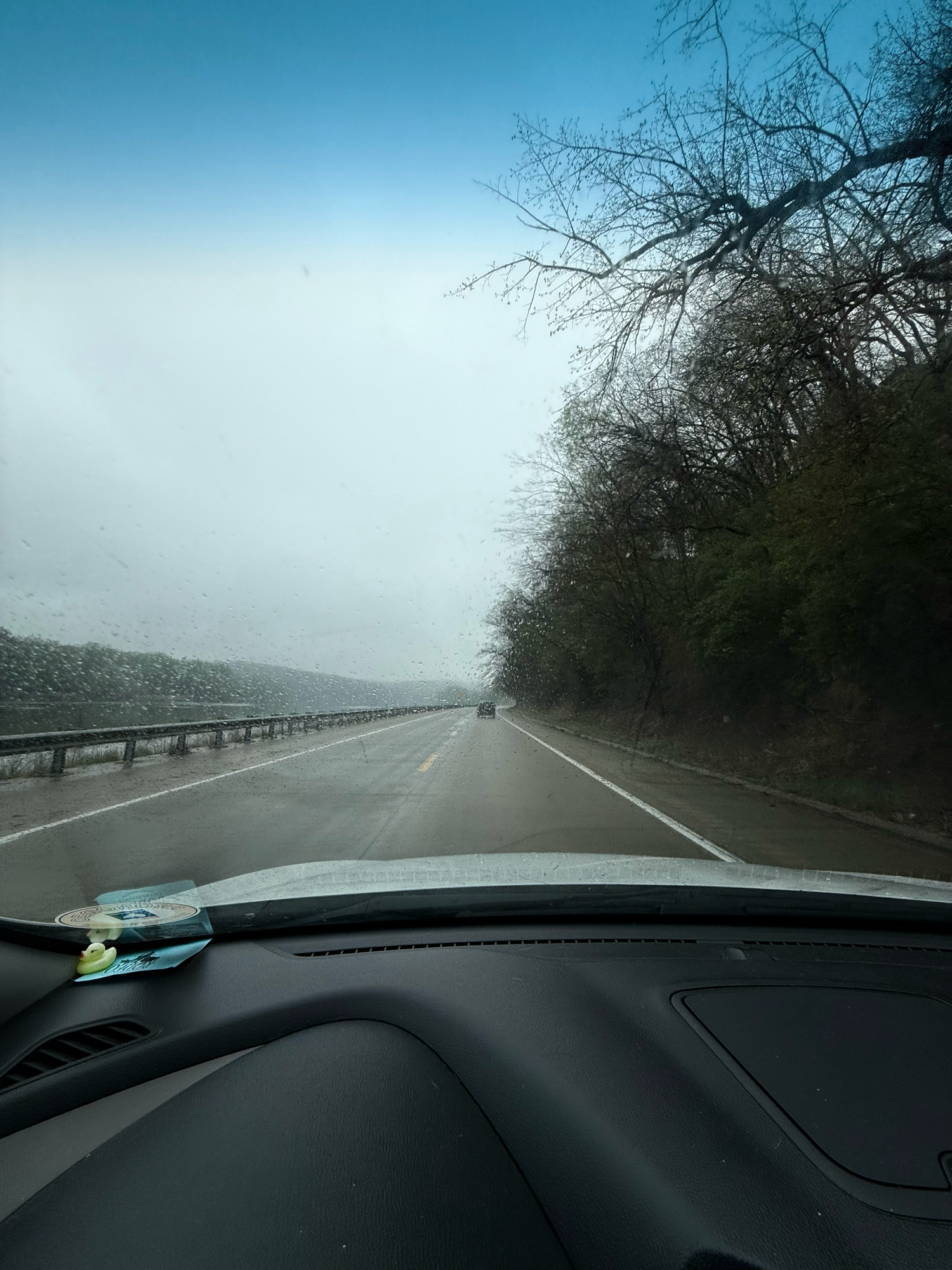 Foggy highway driving conditions with limited visibility on a rural road.