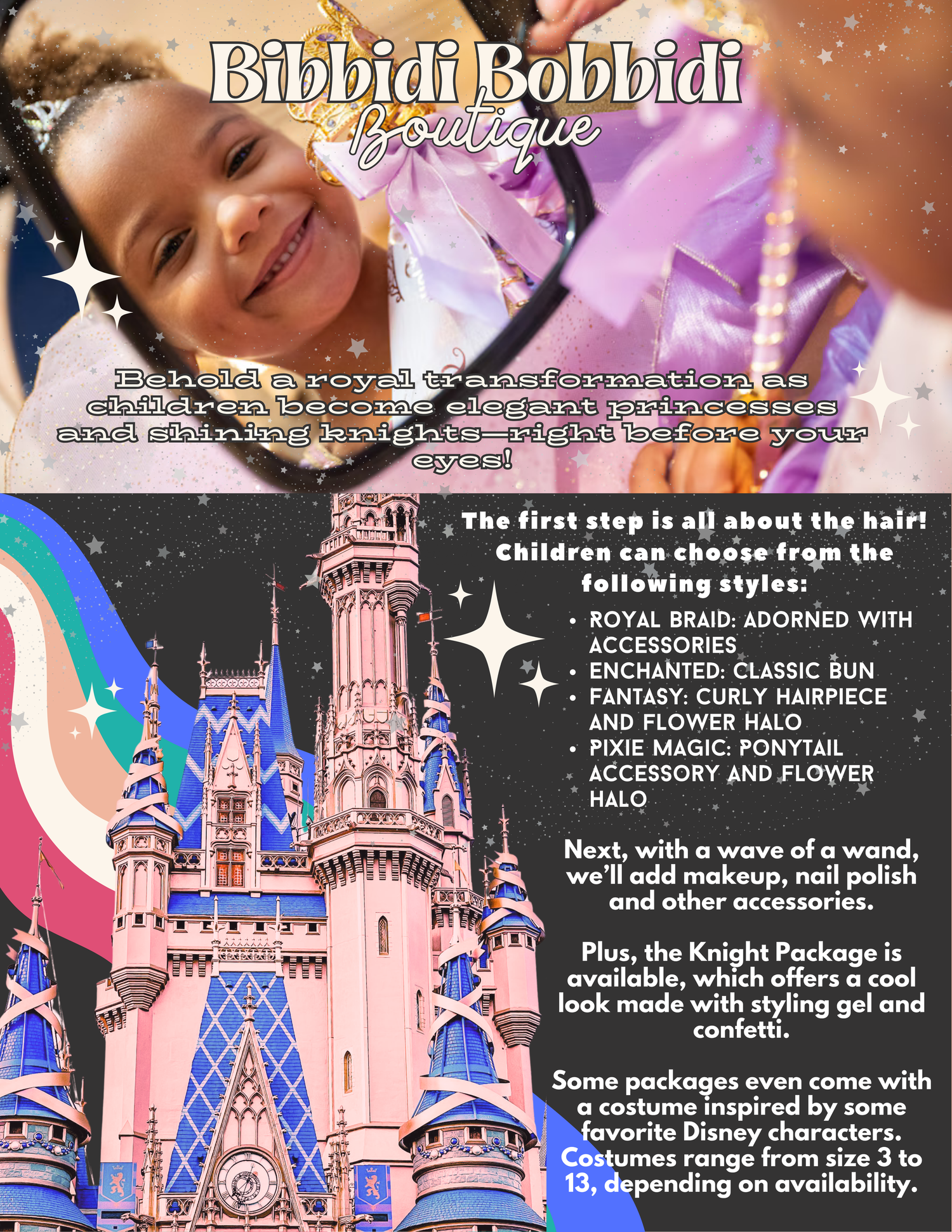 Promotional display of Bibbidi Bobbidi Boutique castle makeover packages and services.