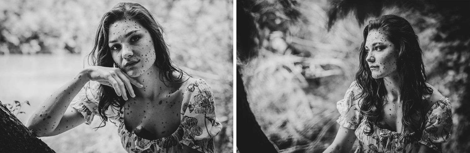 Black and white portrait showing a woman in nature exhaling smoke from a cigarette, creating a dreamy atmosphere.