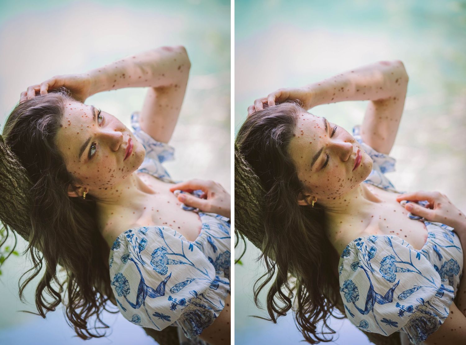 A sequence of photos showing a person in a blue floral top lying down while looking back and moving their hair.