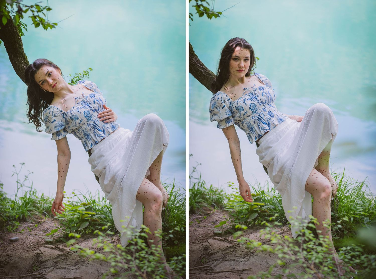 Two-panel artistic portrait series showing graceful poses against a serene lakeside backdrop.