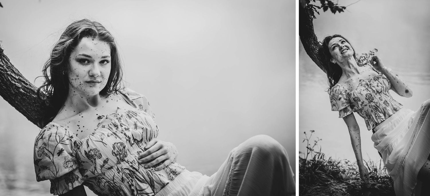 A black and white photo collage showing a person in a floral dress posing playfully near a tree.