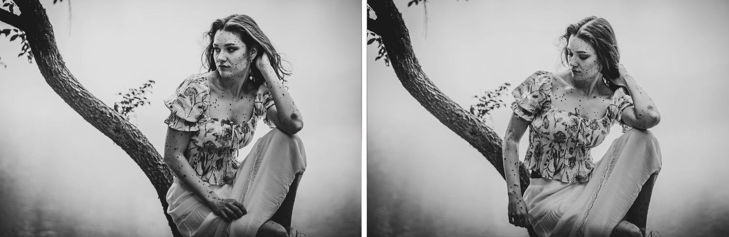 A dreamy black and white diptych shows a person sitting in a flowering tree branch, gazing off into the distance.