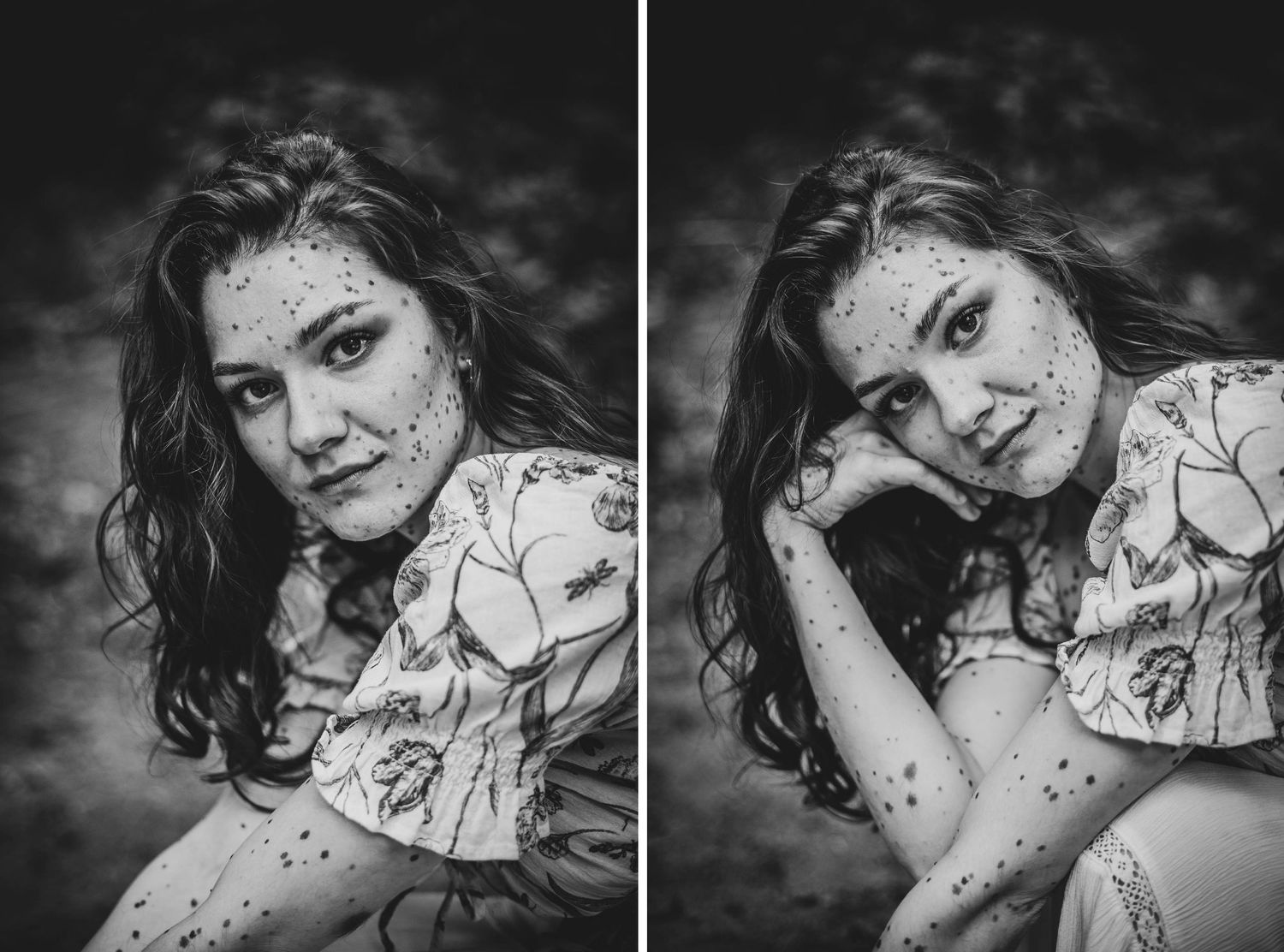 Black and white artistic portrait series showing soft, intimate poses with dark lighting against a shadowy backdrop.