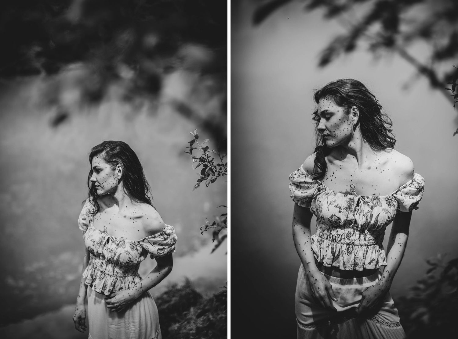 Artistic black and white portrait diptych showing a figure in a floral dress standing among shadowy tree branches.