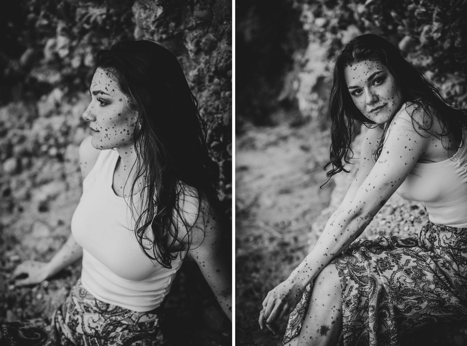 Black and white artistic portrait series featuring candid poses in an outdoor setting with bokeh background effects.