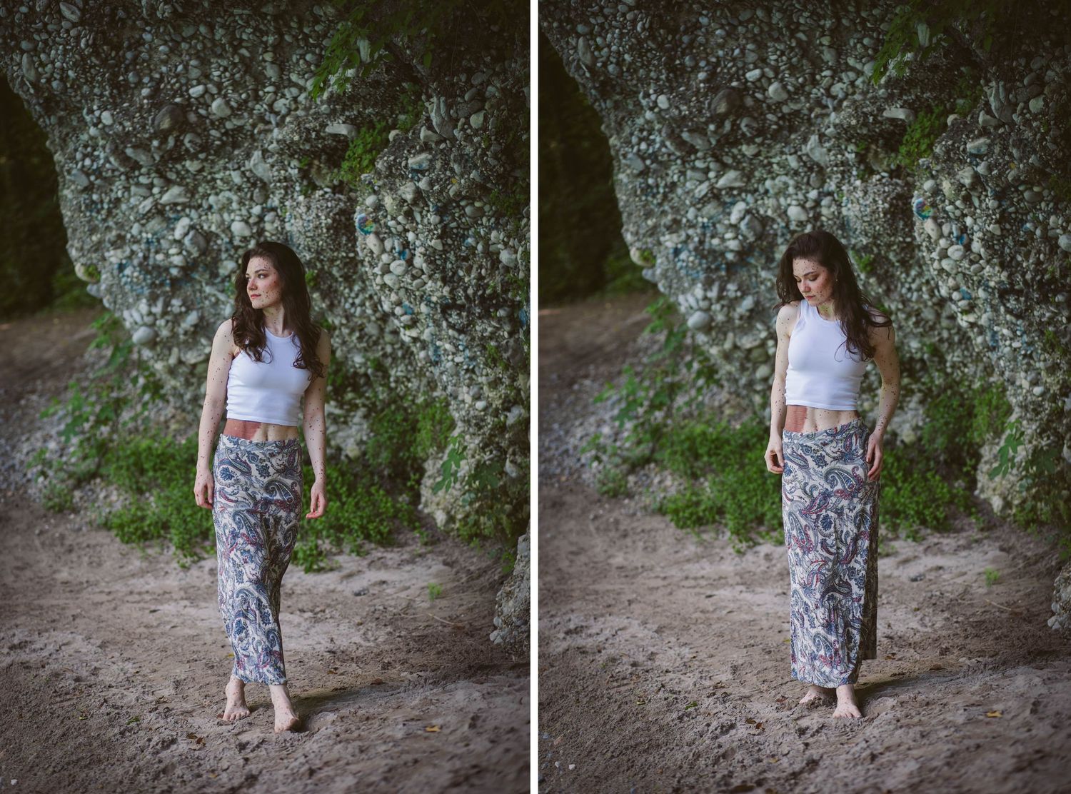 A person in a floral maxi skirt and white top walks on a dirt path beside a stone wall in a sequence of images.