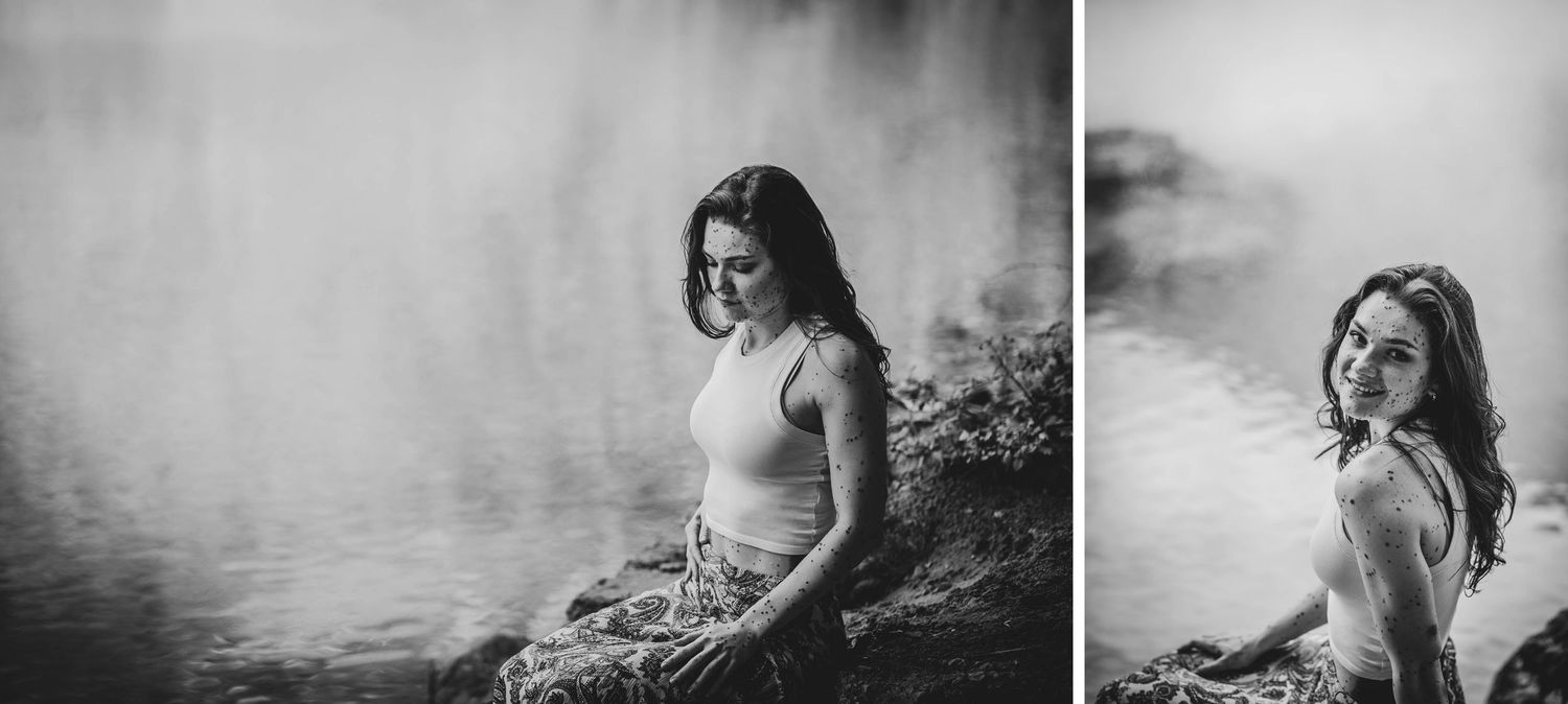 Black and white diptych of a person posing thoughtfully by misty water in artistic portrait style.