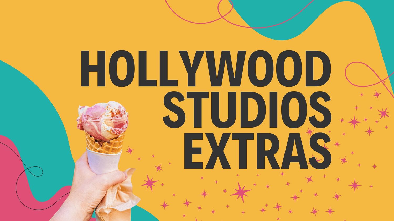 Hollywood Studios Extras logo on yellow background with teal accent and ice cream cone.