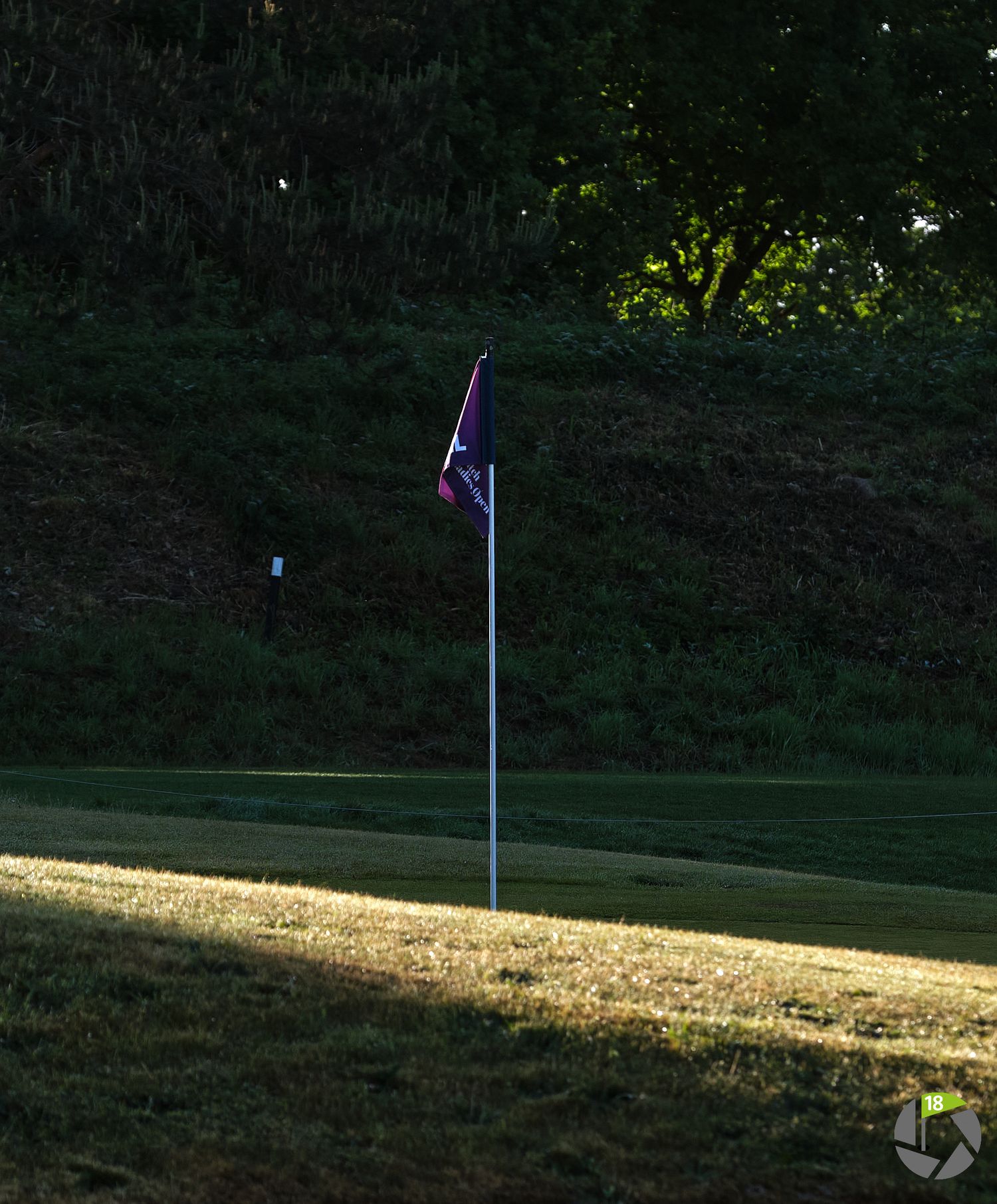 A solitary golf flag sits on a green course, casting a long shadow in the evening sunlight.