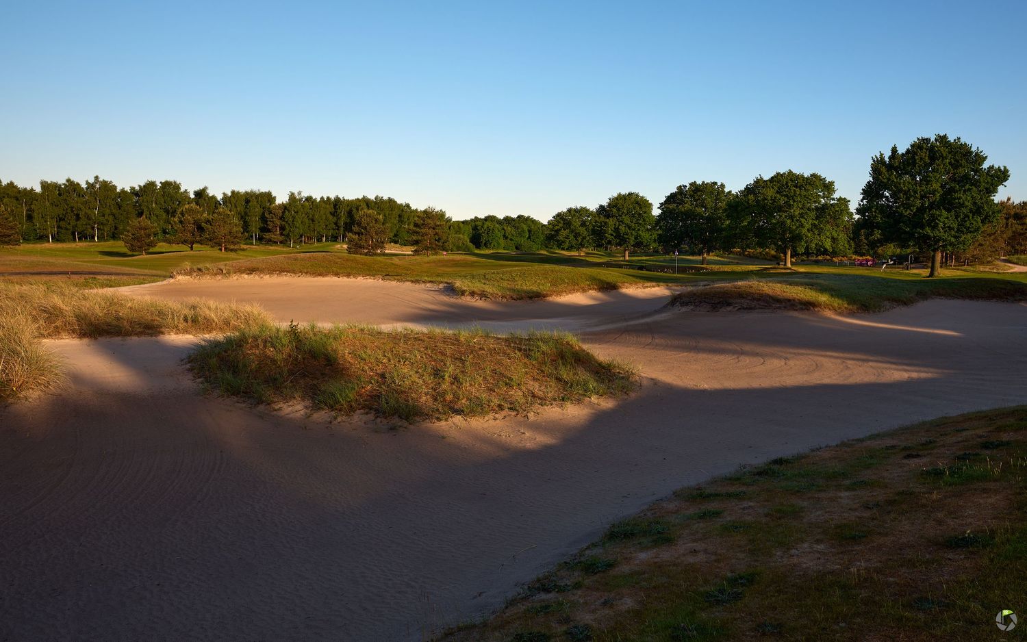 Sand bunkers and wavy contours on a scenic golf course fairway cast long shadows in warm evening sunlight.