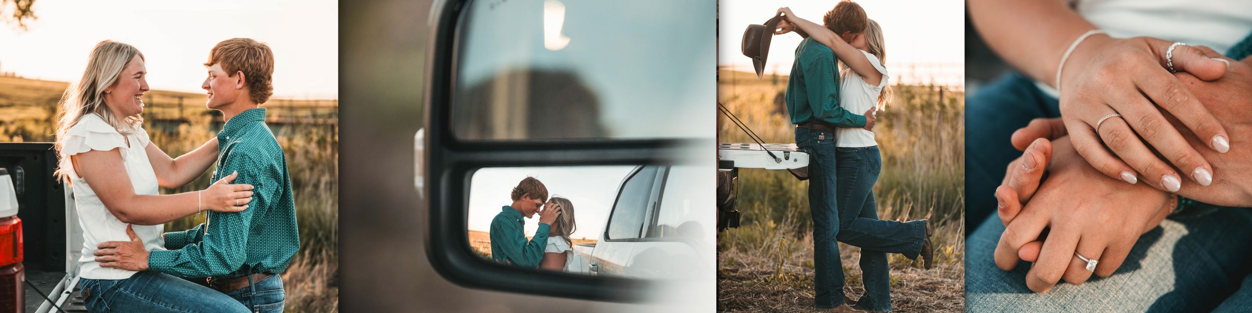 A romantic collection of engagement photos showing tender moments between a couple in soft lighting and natural settings.