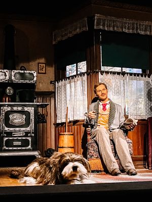 A performer in vintage attire sits in a rustic stage set with an old stove and lace curtains, joined by a shaggy dog.