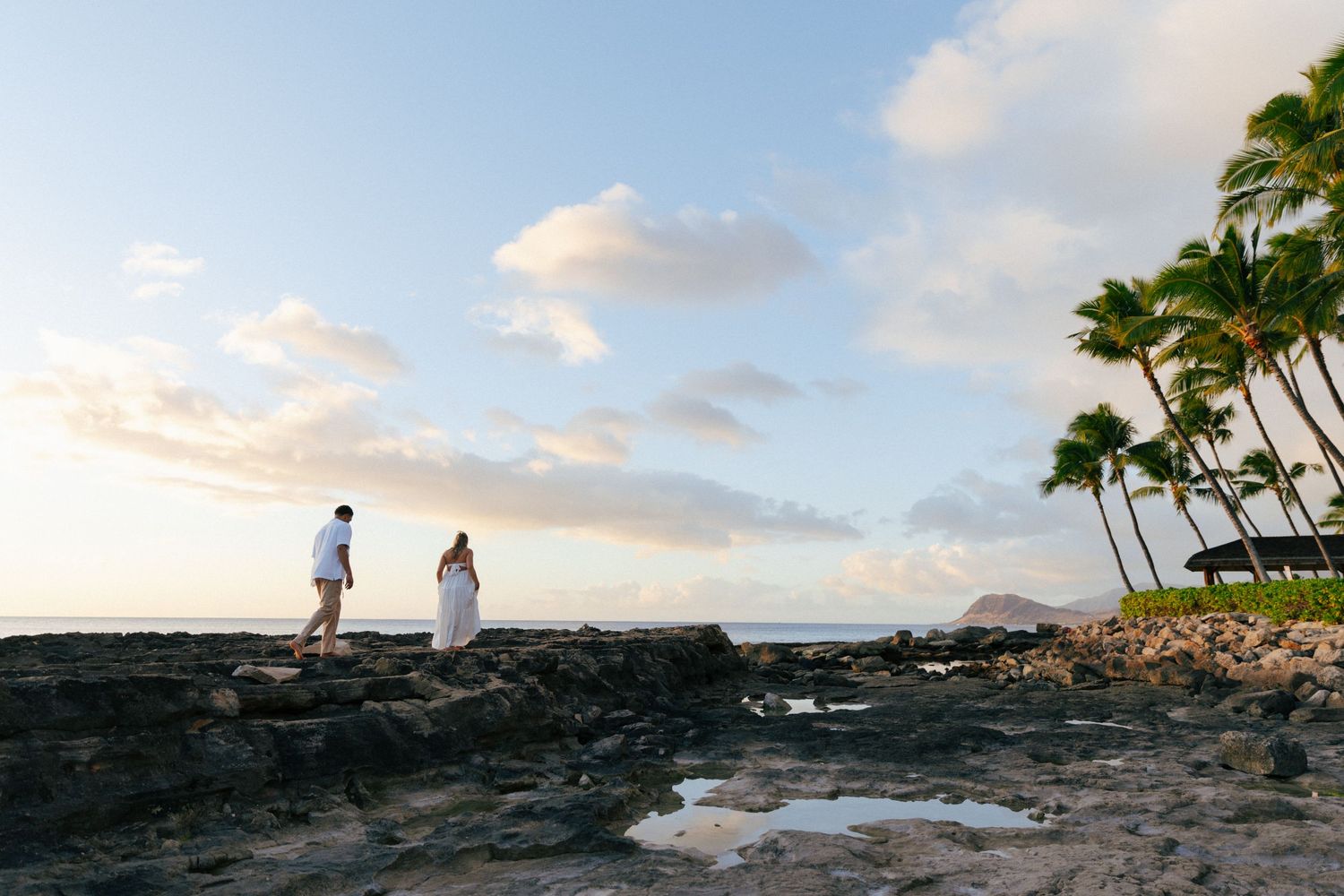 Scenic beach landscape with palm trees and rocky coastline at sunset.