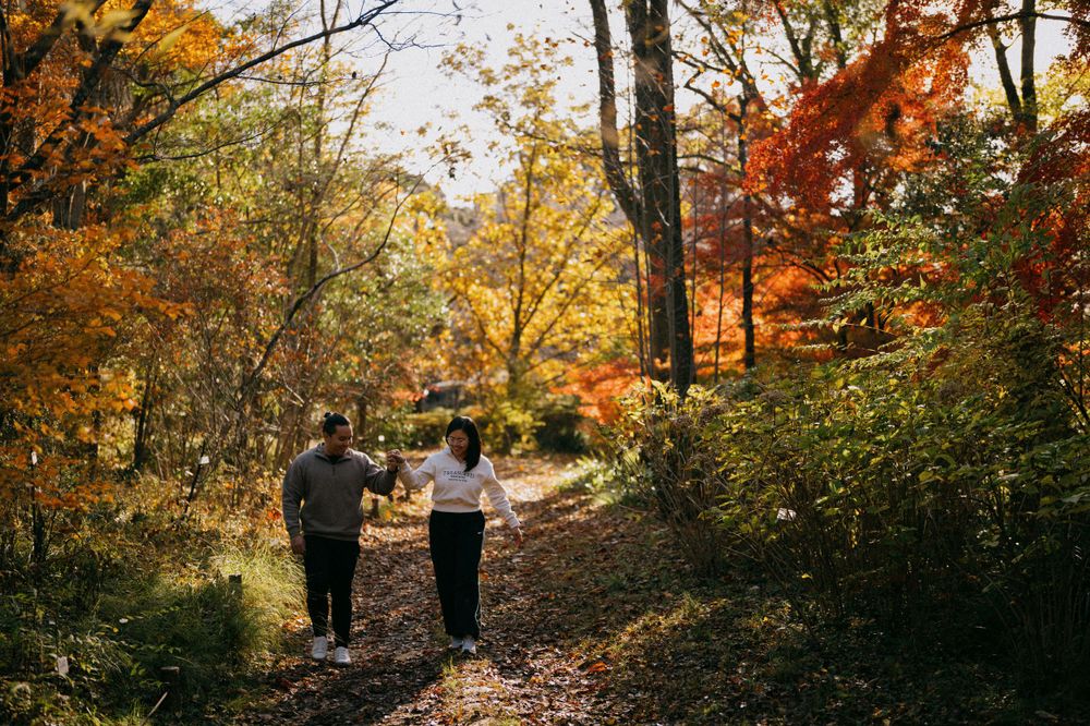 Couple walking hand in hand along a leaf-covered forest path surrounded by colorful autumn foliage.