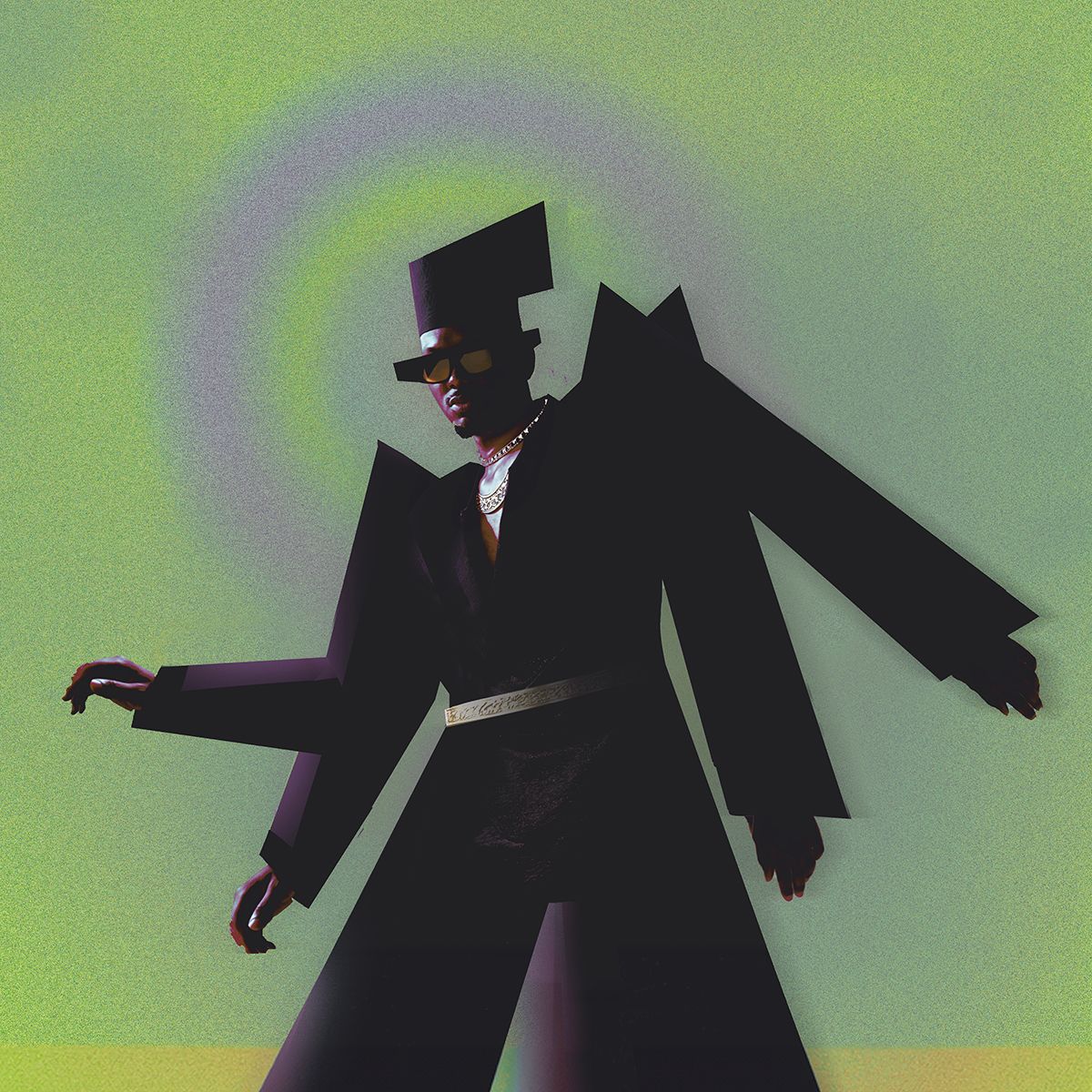 Stylized silhouette against green background wearing dramatic coat and hat.