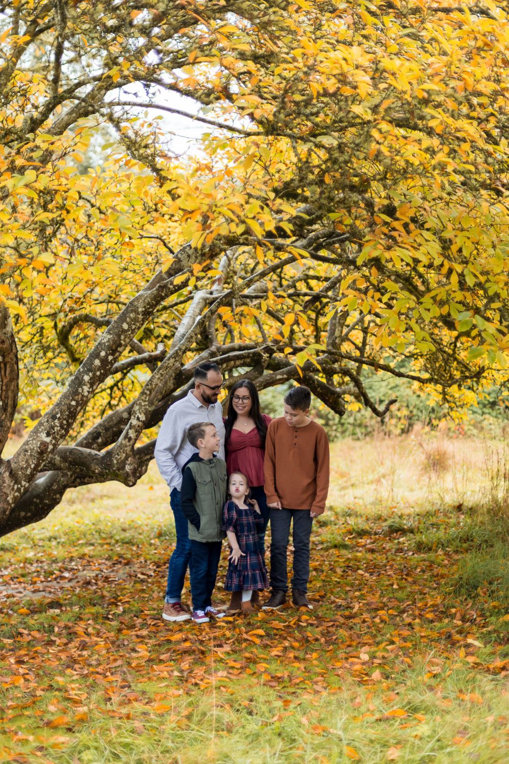 A group stands together under a vibrant yellow autumn tree with fallen leaves scattered on the ground in a natural setting.
