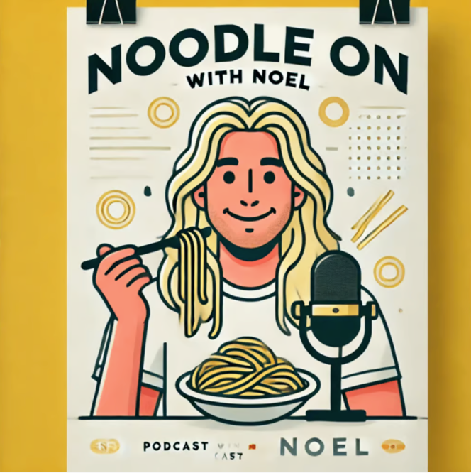 Podcast illustration shows cartoon host with noodles and microphone against yellow background with modern line art details.