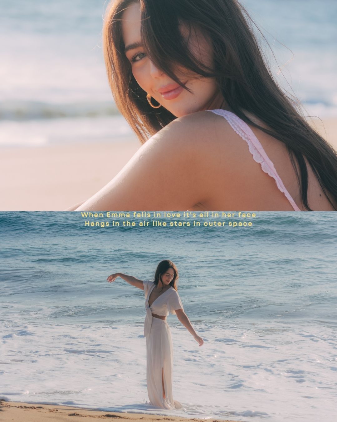 Diptych of brunette woman smiling at beach with song lyrics text overlay.