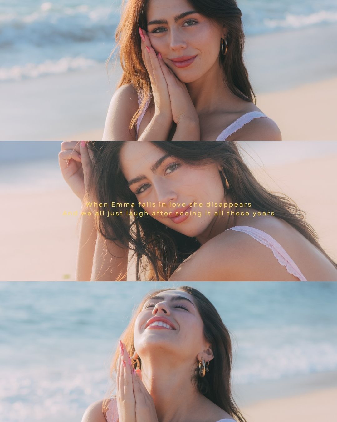 Triptych of smiling brunette woman at beach with golden hour light and lyrics overlay.