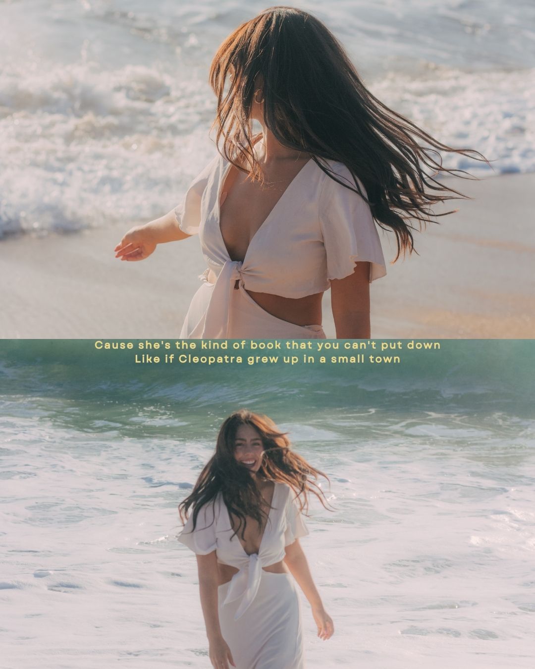 Diptych of brunette woman in white dress dancing by ocean waves on a sunny beach.