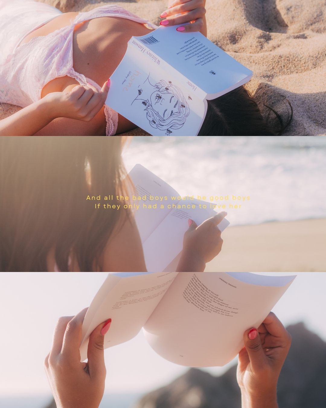 Triptych of brunette woman reading a book on the beach with song lyrics overlay.