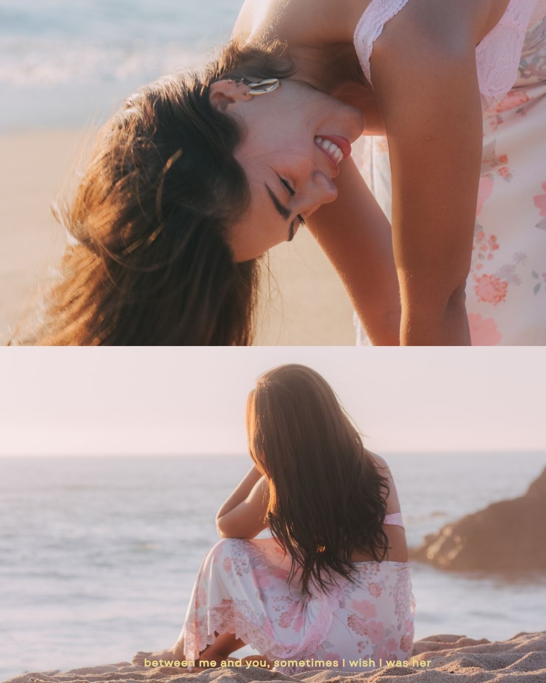 Collage of smiling brunette woman at golden hour beach with lyric overlay text.