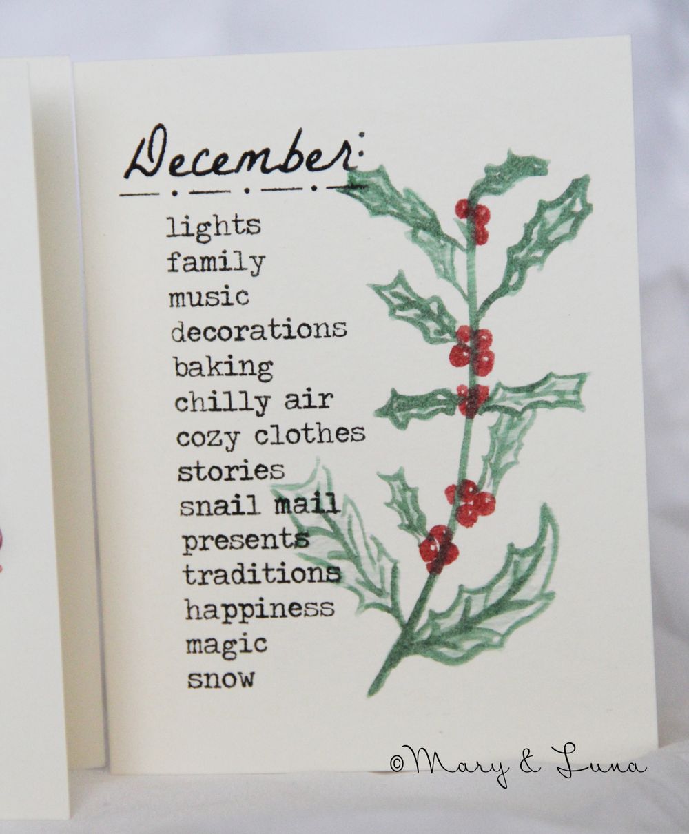 christmas card with a list of things about december and watercolor of a sprig of holly next to the words