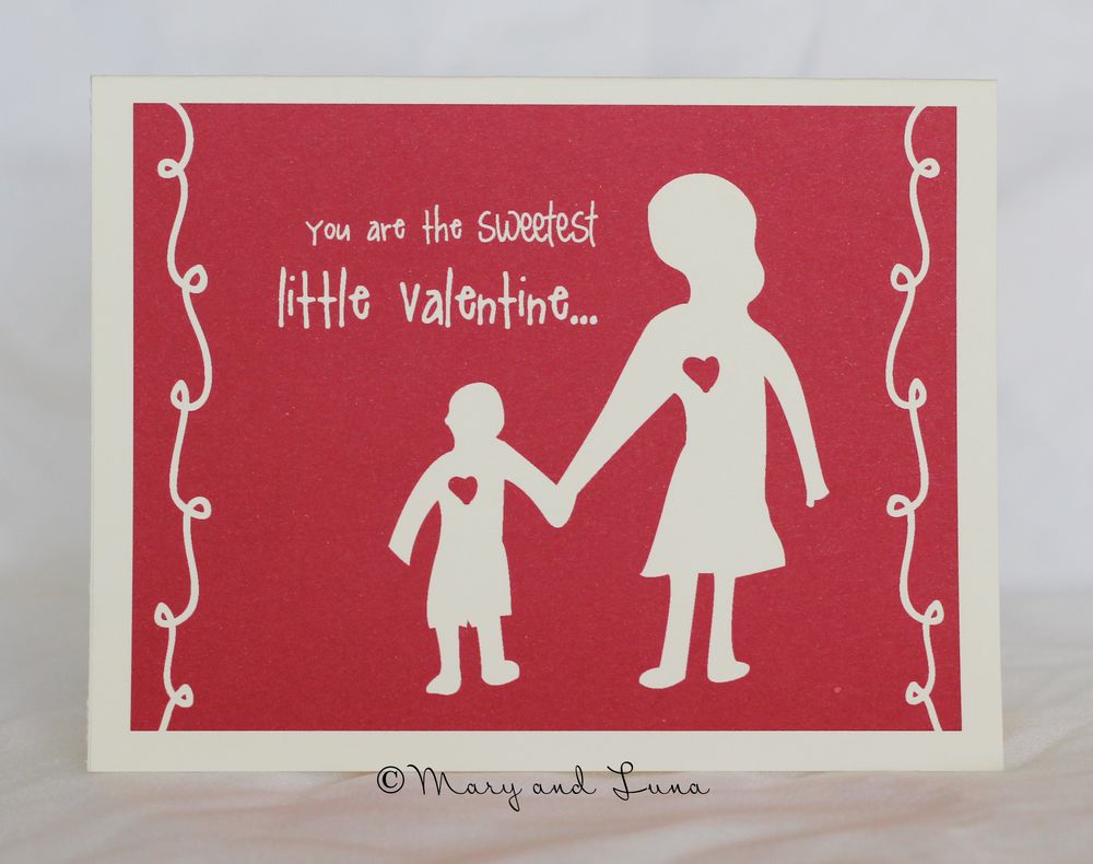 greeting card with digital cutout art of woman holding a little boy's hand. text says "you are the sweetest little valentine..."